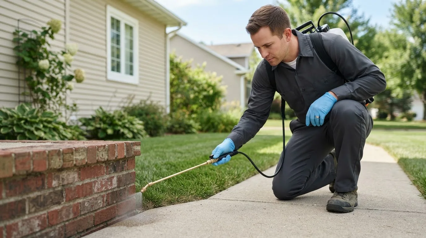 Pest control technician treating a home near Roggen, CO