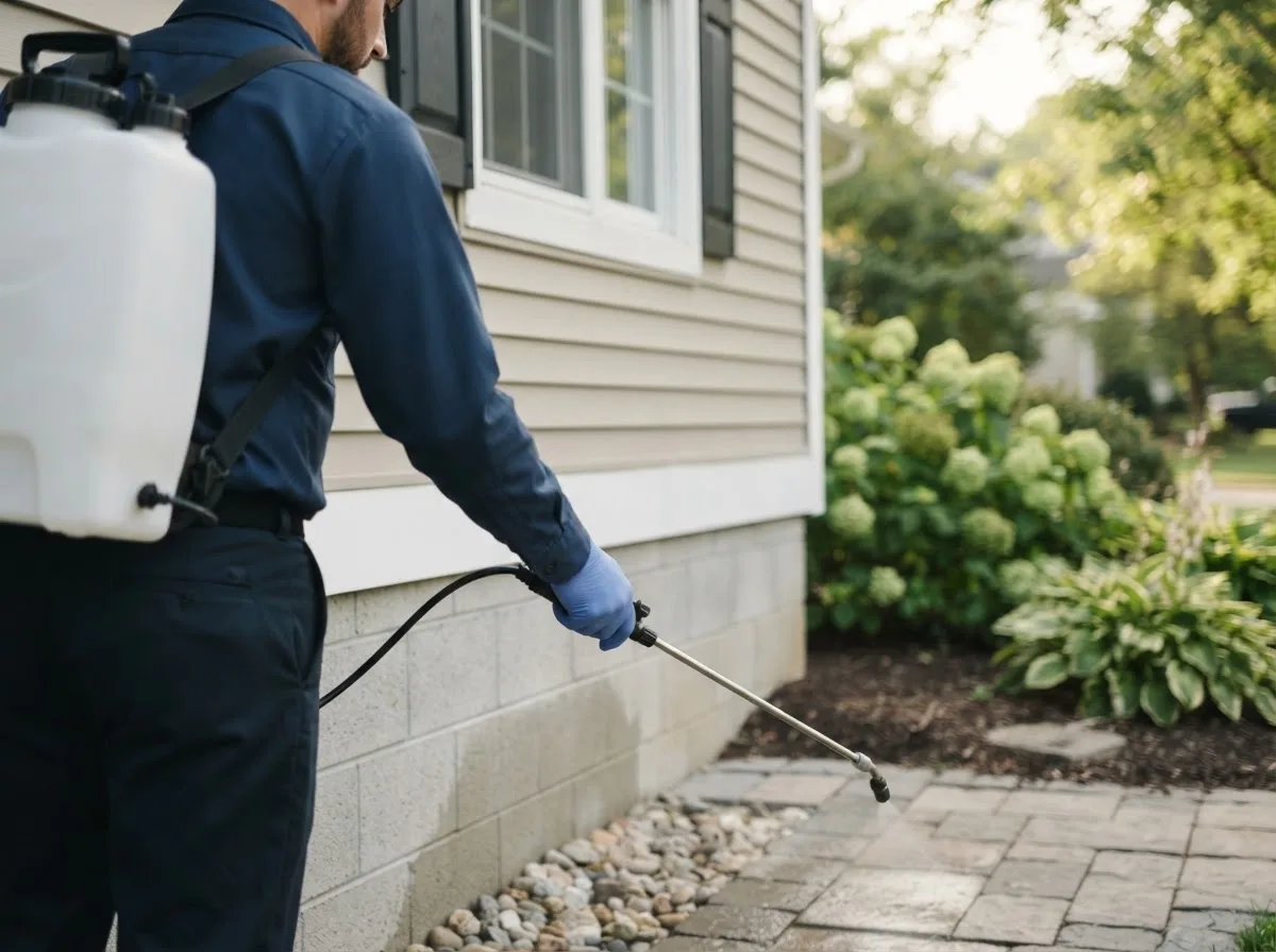 Pest control technician inspecting a home in Roggen, CO